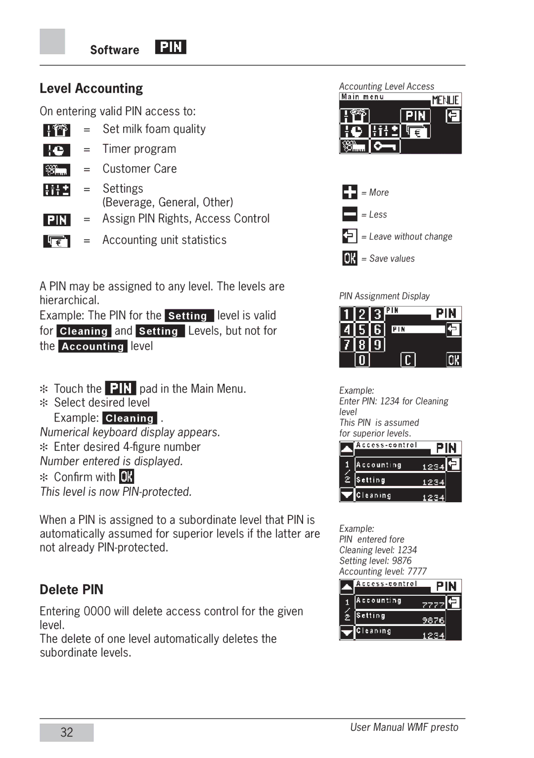 WMF Americas 1400 user manual Level Accounting, Delete PIN, This level is now PIN-protected 