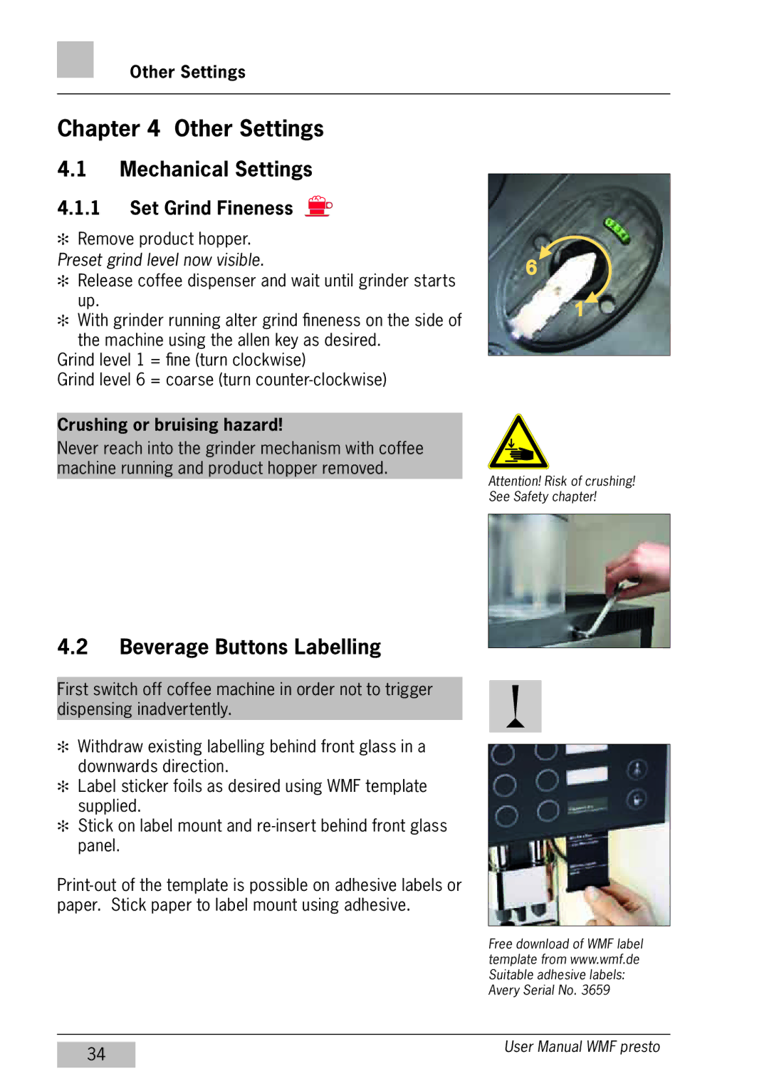 WMF Americas 1400 user manual Other Settings, Mechanical Settings, Beverage Buttons Labelling, Set Grind Fineness 