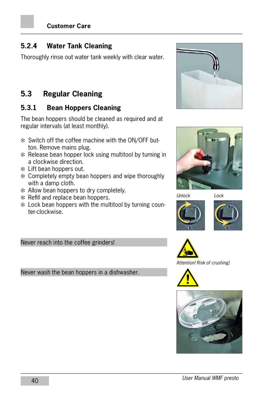 WMF Americas 1400 user manual Regular Cleaning, Water Tank Cleaning, Bean Hoppers Cleaning 