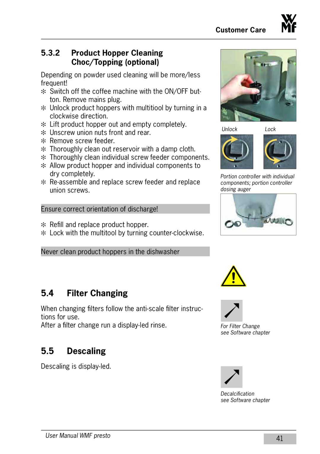 WMF Americas 1400 user manual Filter Changing, Descaling, Product Hopper Cleaning Choc/Topping optional 