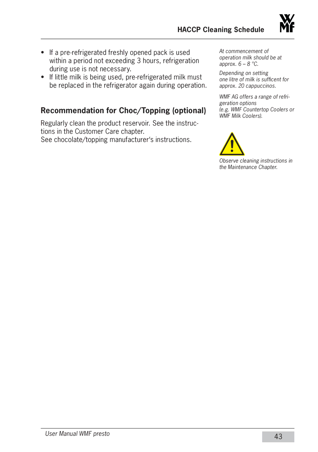 WMF Americas 1400 user manual Recommendation for Choc/Topping optional 