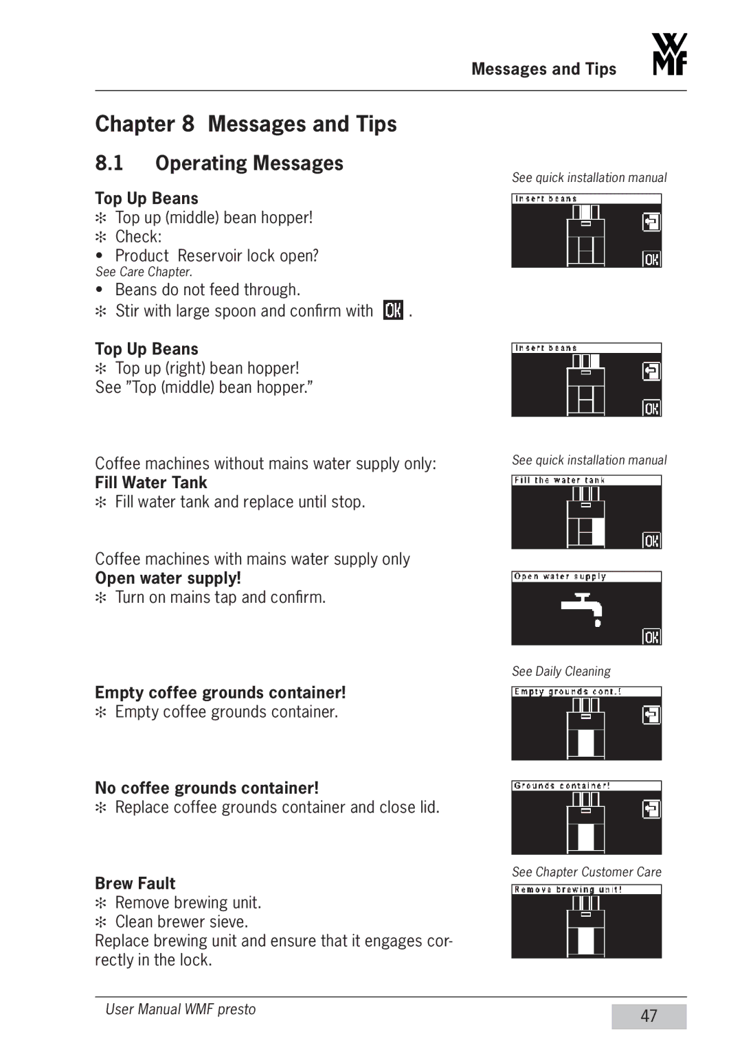 WMF Americas 1400 user manual Messages and Tips, Operating Messages 