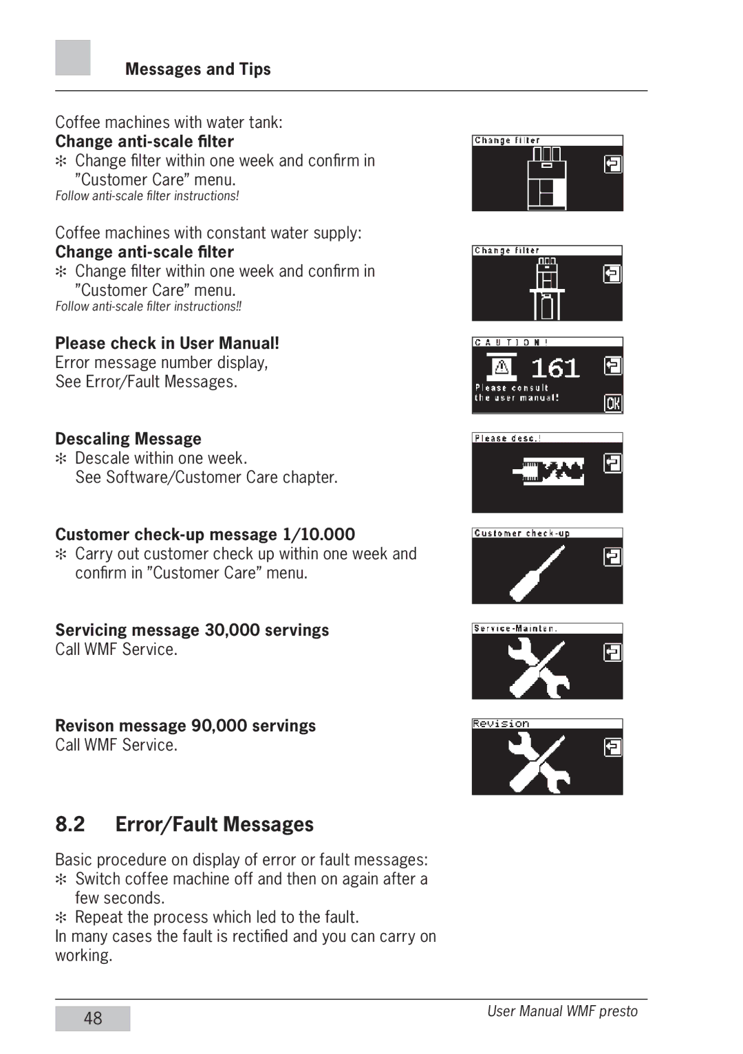 WMF Americas 1400 user manual Error/Fault Messages 