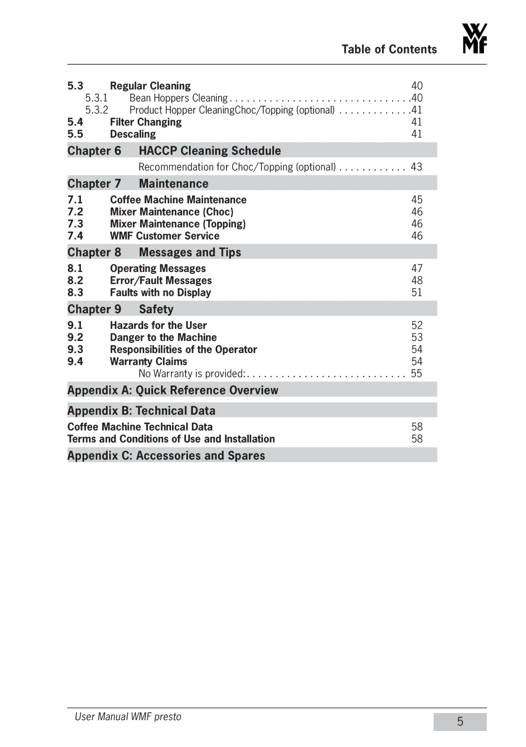 WMF Americas 1400 user manual Haccp Cleaning Schedule, Chapter Maintenance, Messages and Tips, Chapter Safety 