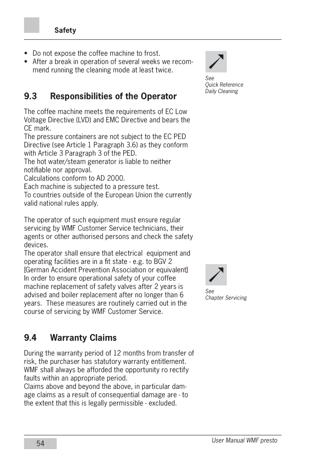 WMF Americas 1400 user manual Responsibilities of the Operator, Warranty Claims 