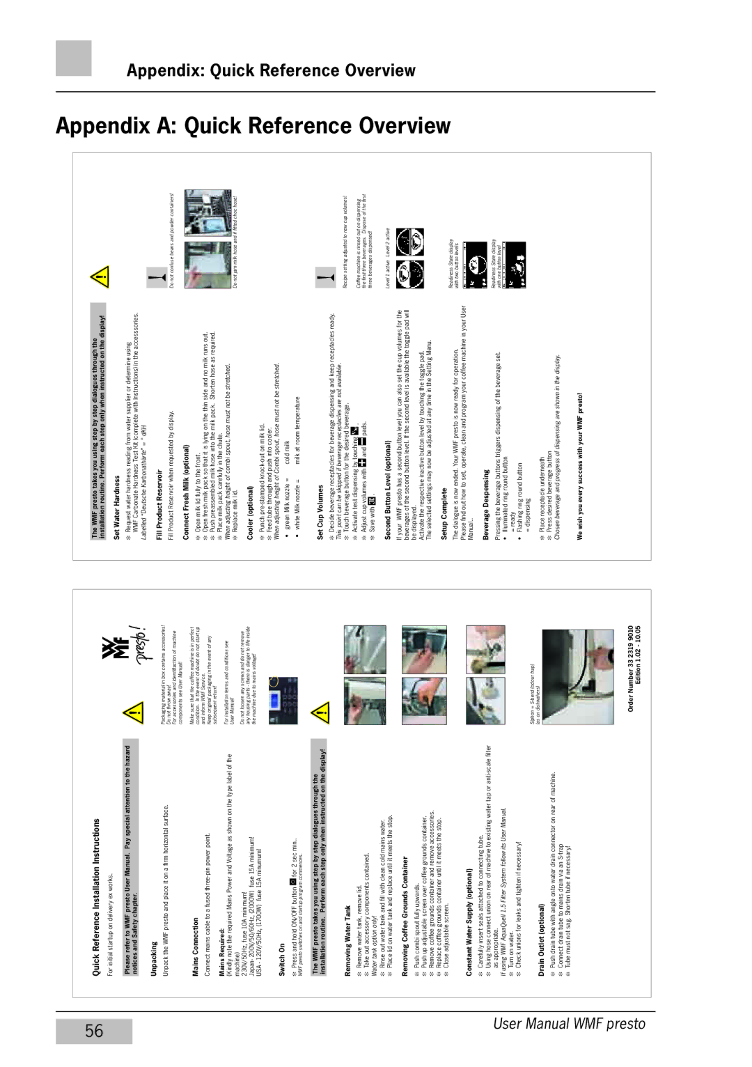 WMF Americas 1400 user manual Appendix a Quick Reference Overview, Appendix Quick Reference Overview 