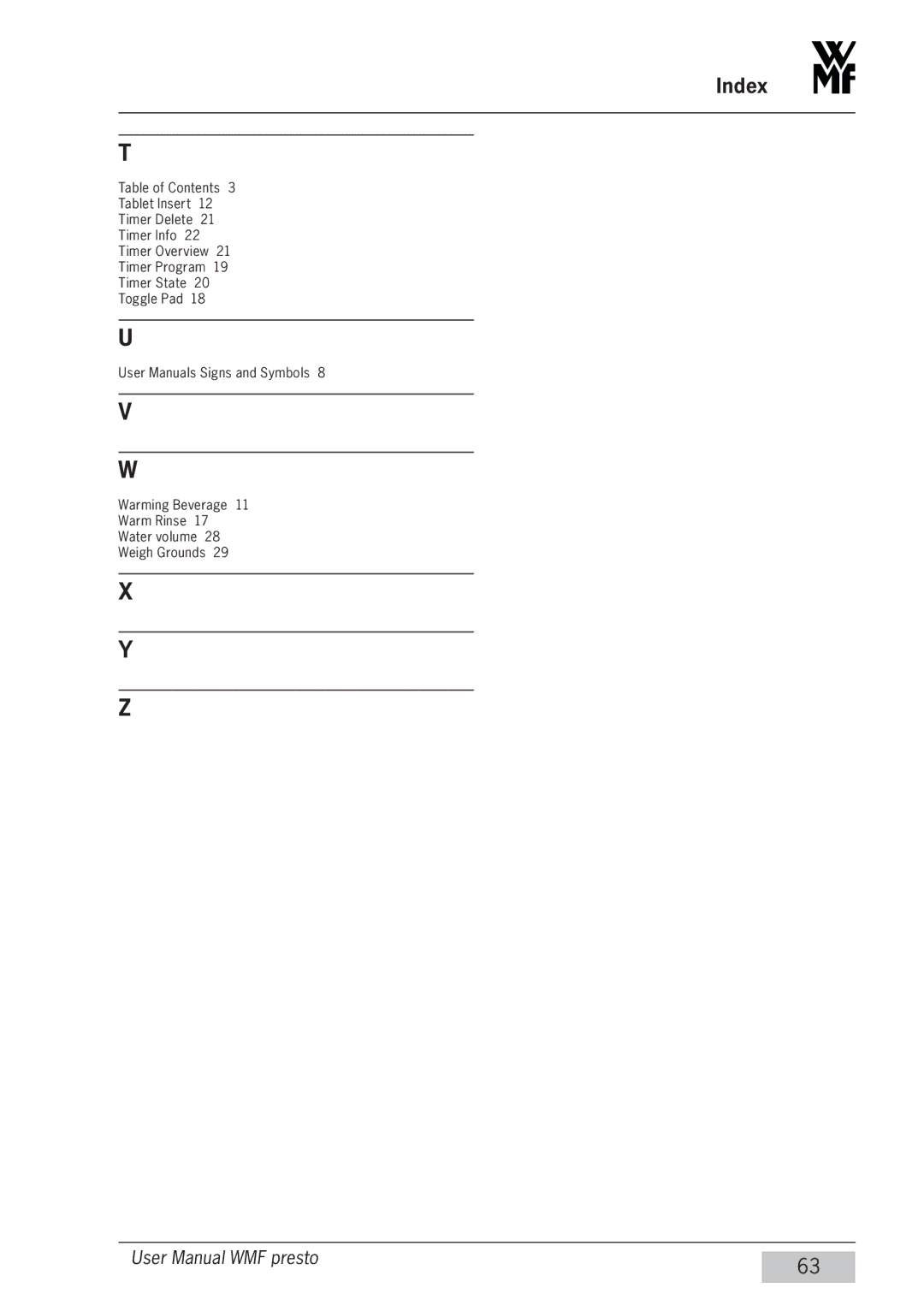 WMF Americas 1400 user manual Index 