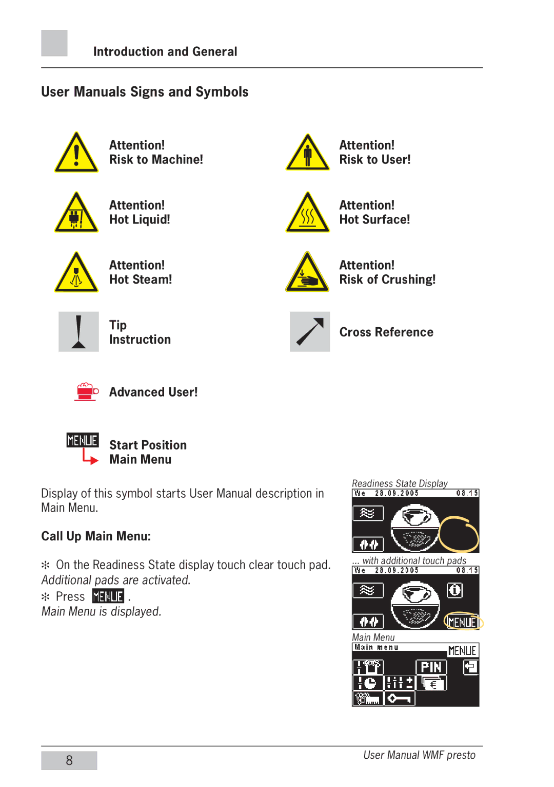 WMF Americas 1400 user manual Main Menu is displayed 