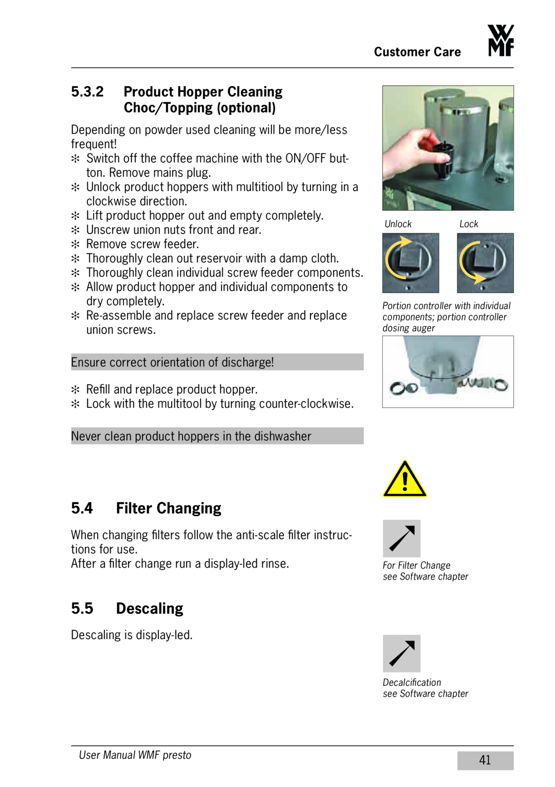 WMF Americas 1400 user manual Filter Changing, Descaling, Product Hopper Cleaning Choc/Topping optional, Customer Care 