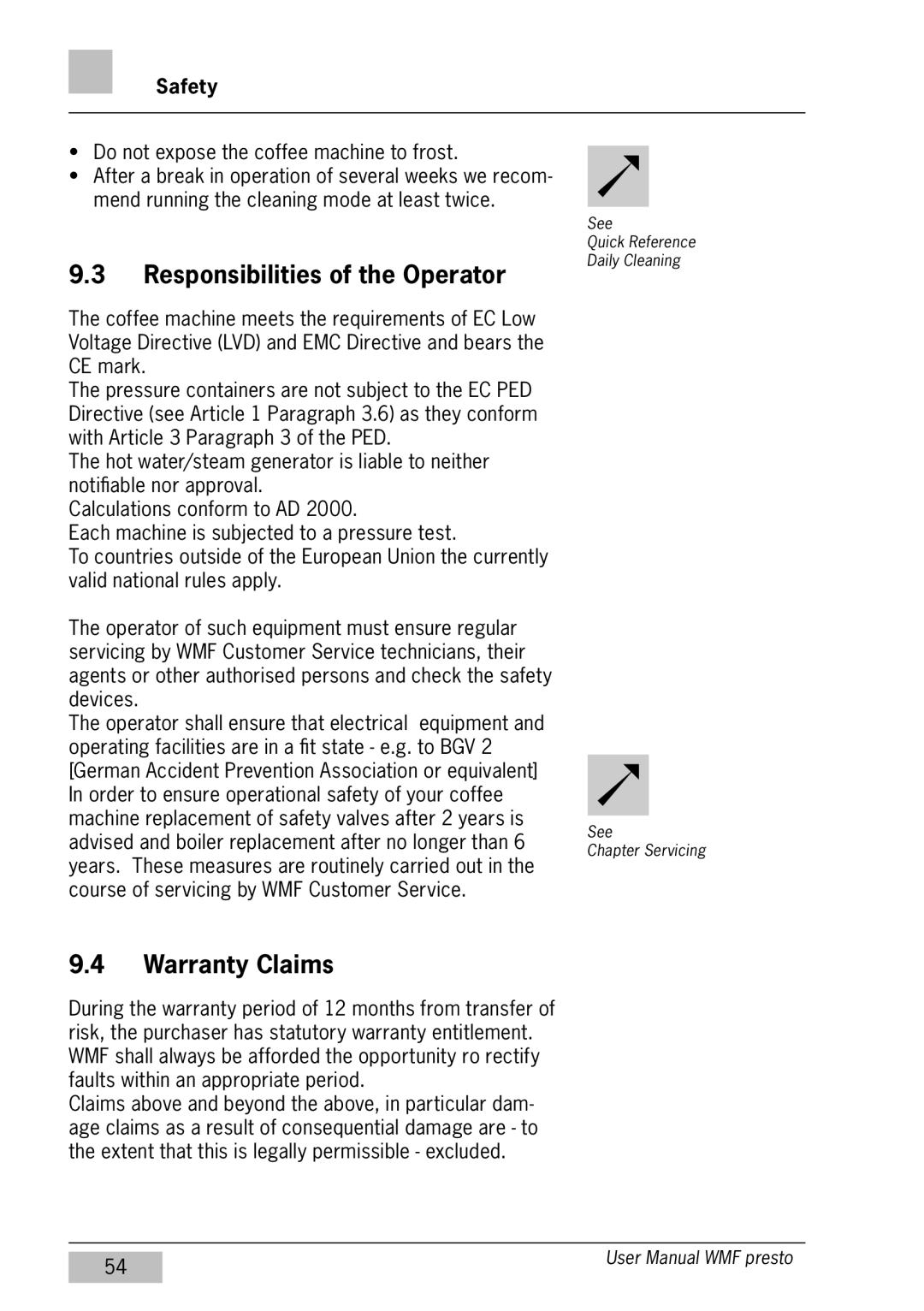 WMF Americas 1400 user manual Responsibilities of the Operator, Warranty Claims, Safety 