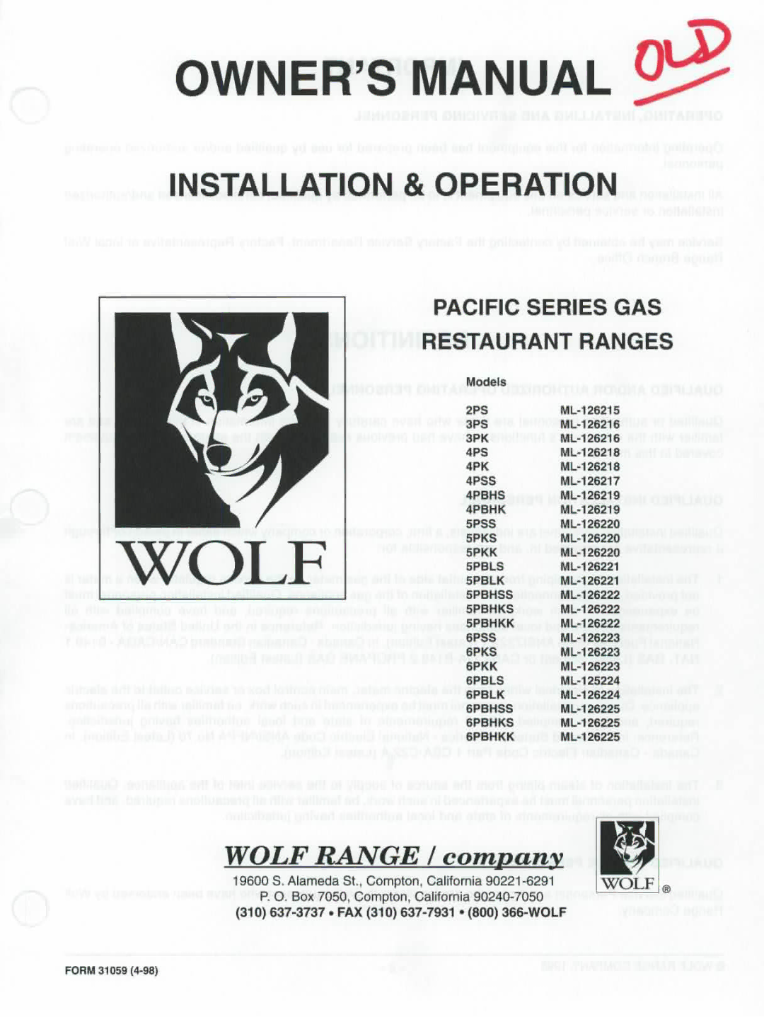 Wolf 2PS ML-126215 manual 