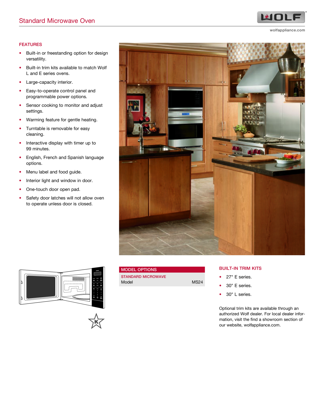 Wolf 30" E SERIES manual Standard Microwave Oven, Features, Built-In Trim Kits, Model Options, E series, MS24, L series 