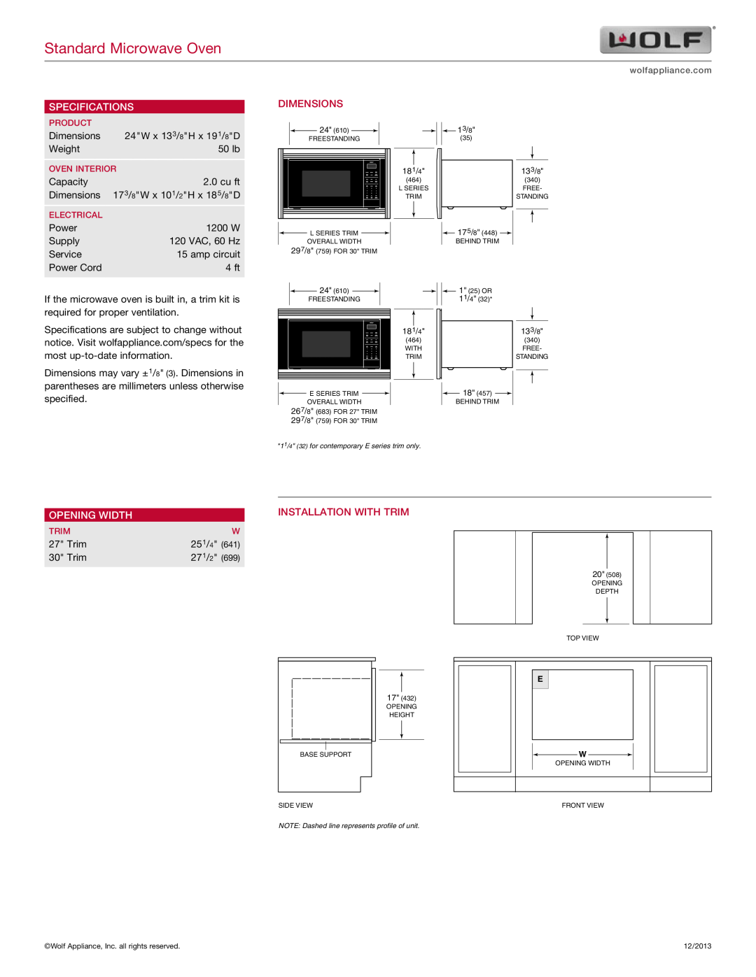 Wolf MS24, 30" L SERIES manual Specifications, Dimensions, opening width, Installation WITH TRIM, Standard Microwave Oven 