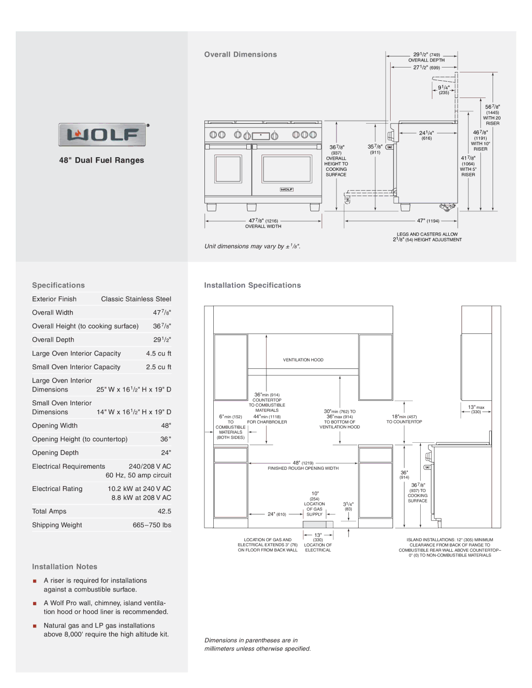 Wolf 48 manual Overall Dimensions, Installation Notes, Installation Specifications 