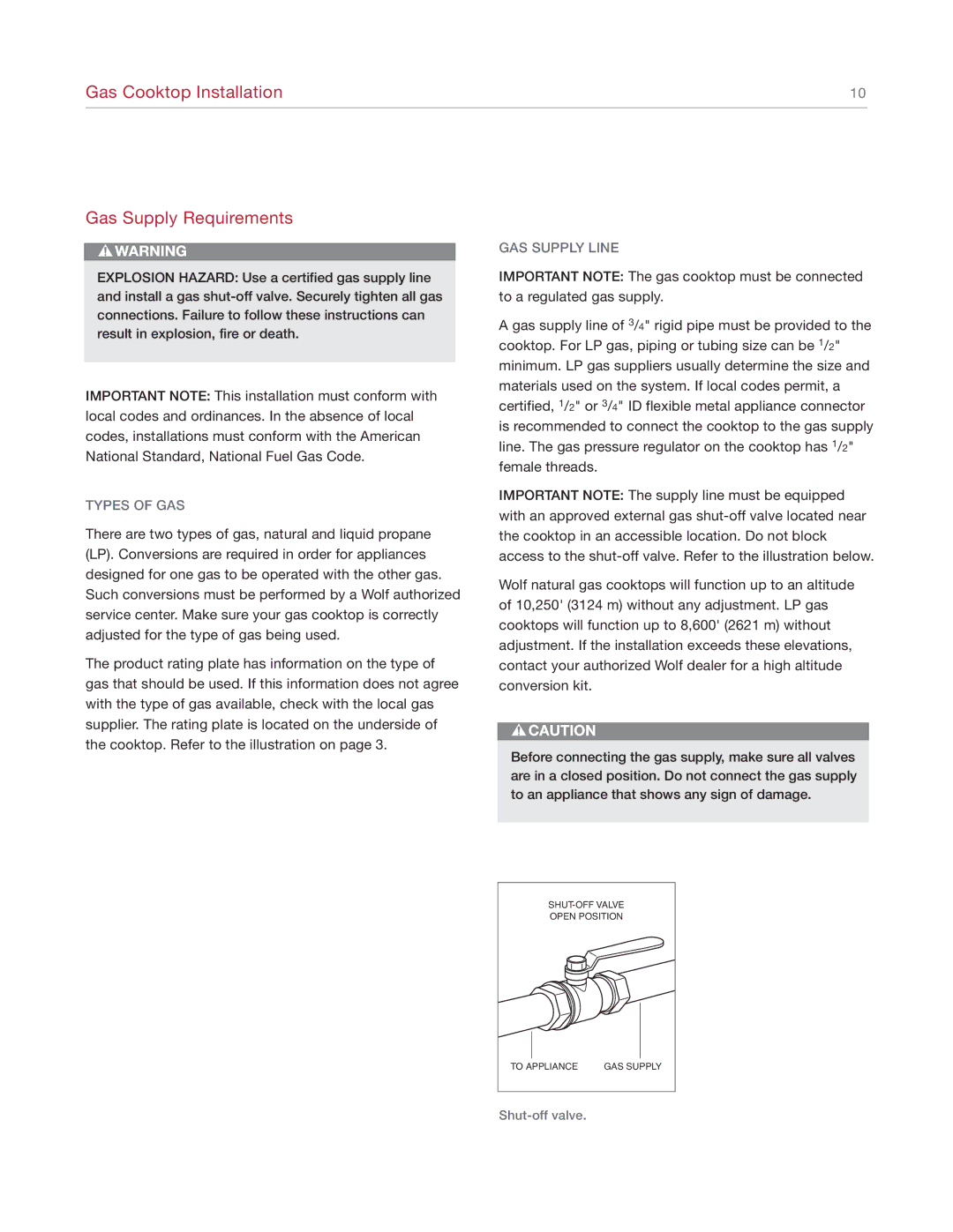 Wolf 814990 manual Gas Cooktop Installation Gas Supply Requirements, Types of GAS, GAS Supply Line 