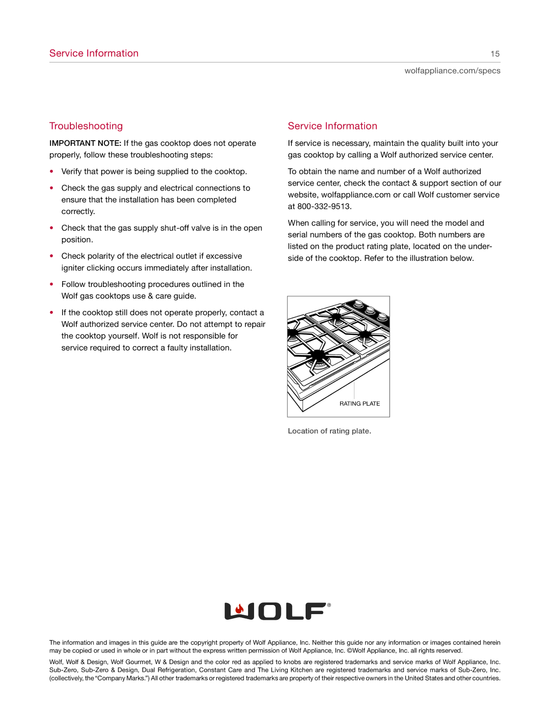 Wolf 814990 manual Service Information Troubleshooting 