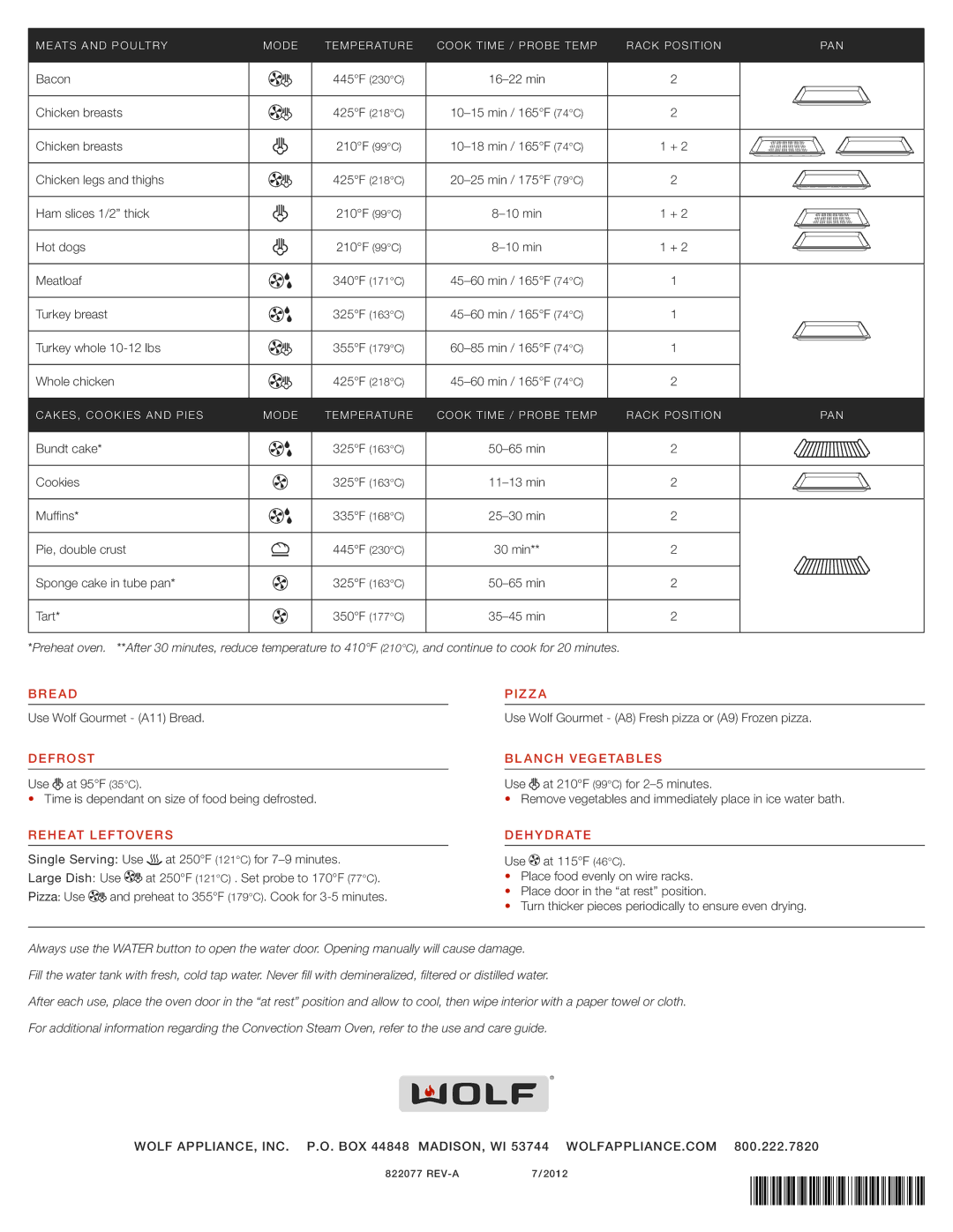 Wolf 822077 manual BR E a D, Defrost, Reheat Leftovers, PIZ Z a, BL Anch Vegetables, Dehydrate 