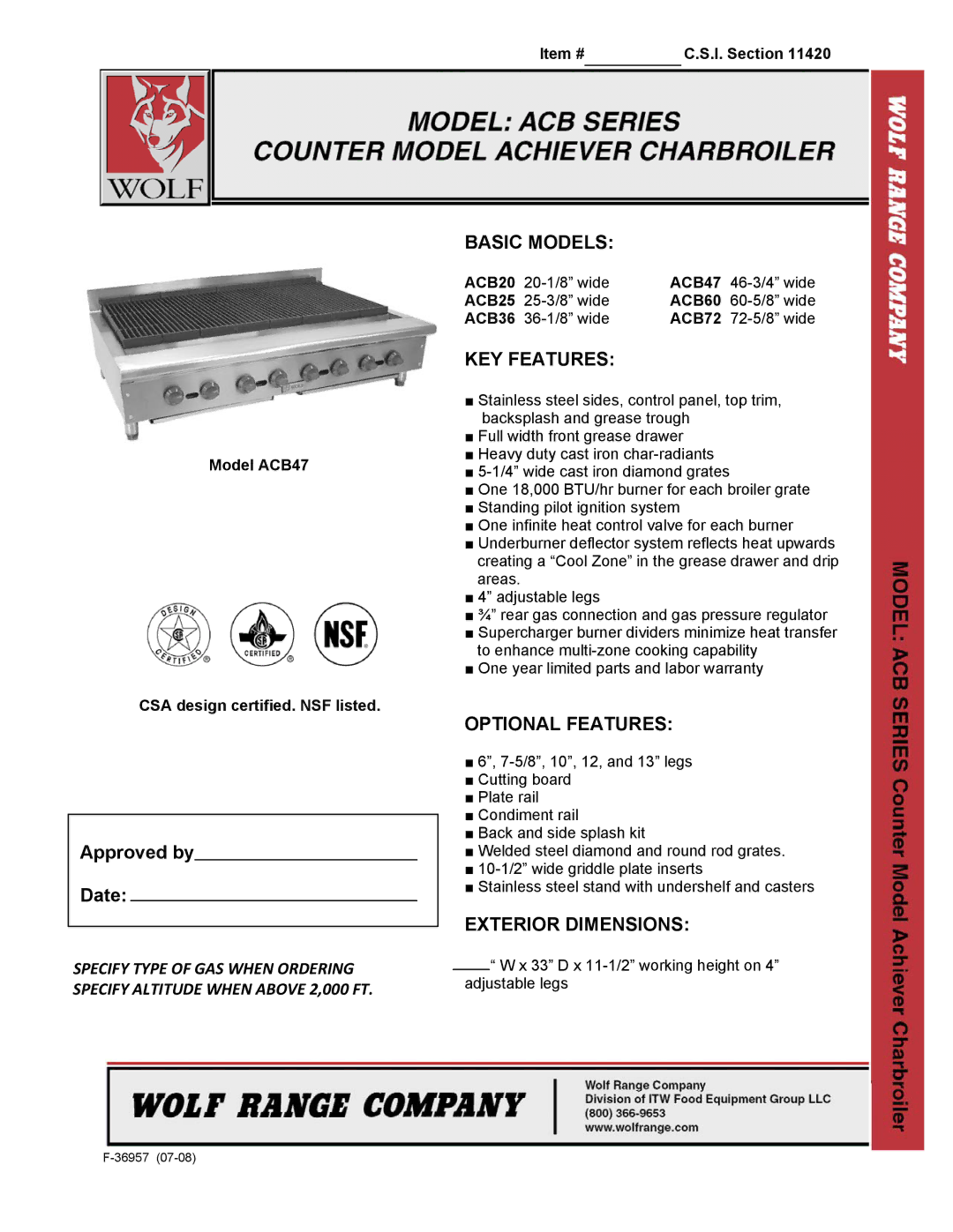 Wolf ACB Series dimensions Basic Models, KEY Features, Optional Features, Exterior Dimensions 