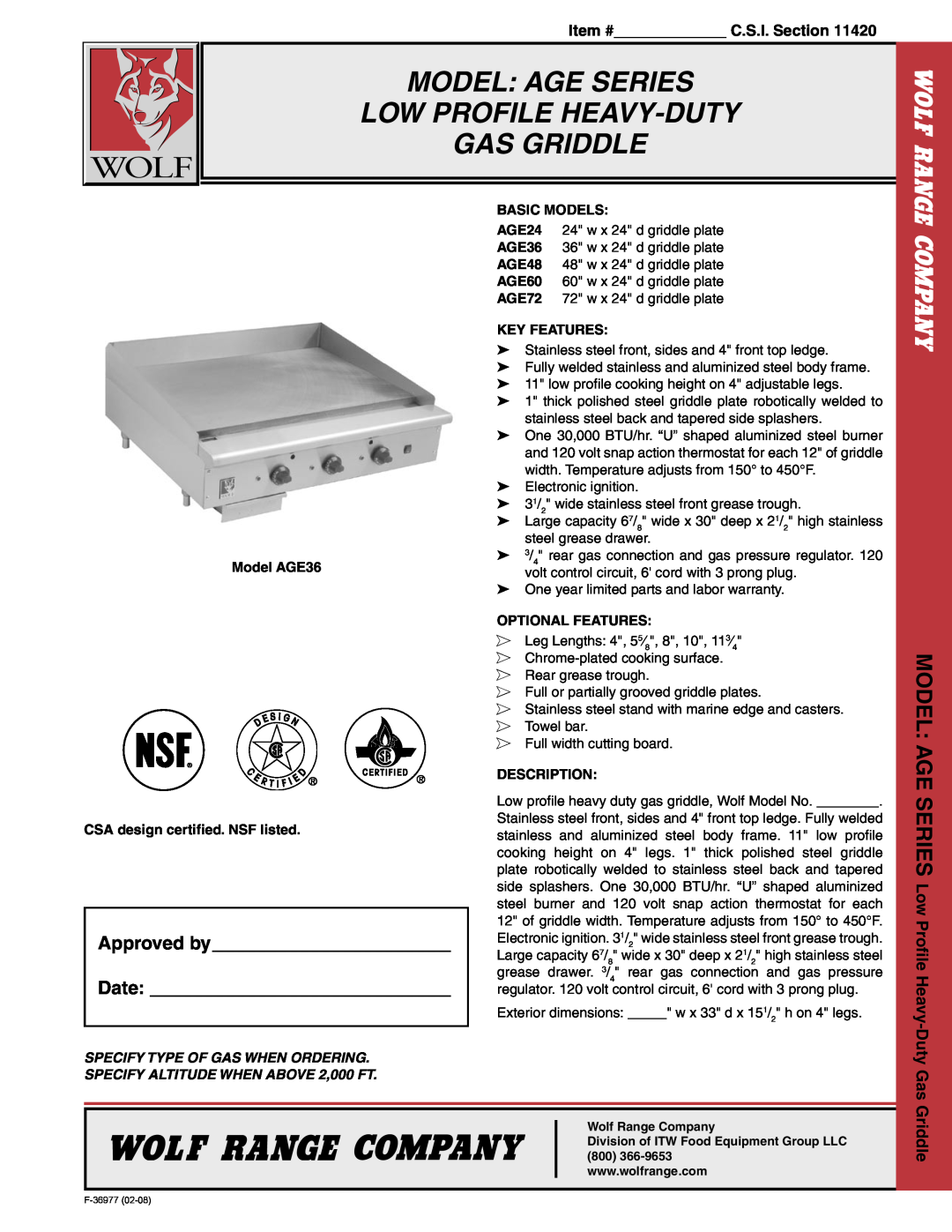 Wolf AGE24 warranty Model Age Series Low Profile Heavy-Duty Gas Griddle, Basic Models, Key Features, Optional Features 