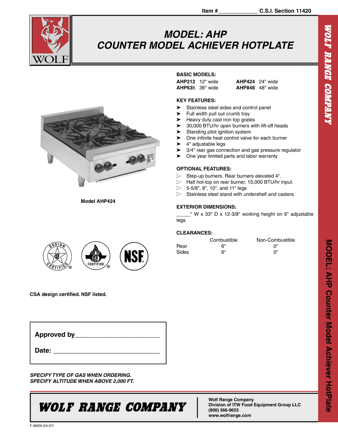 Wolf AHP636, AHP212 warranty Model AHP Counter Model Achiever Hotplate, Approved by Date 