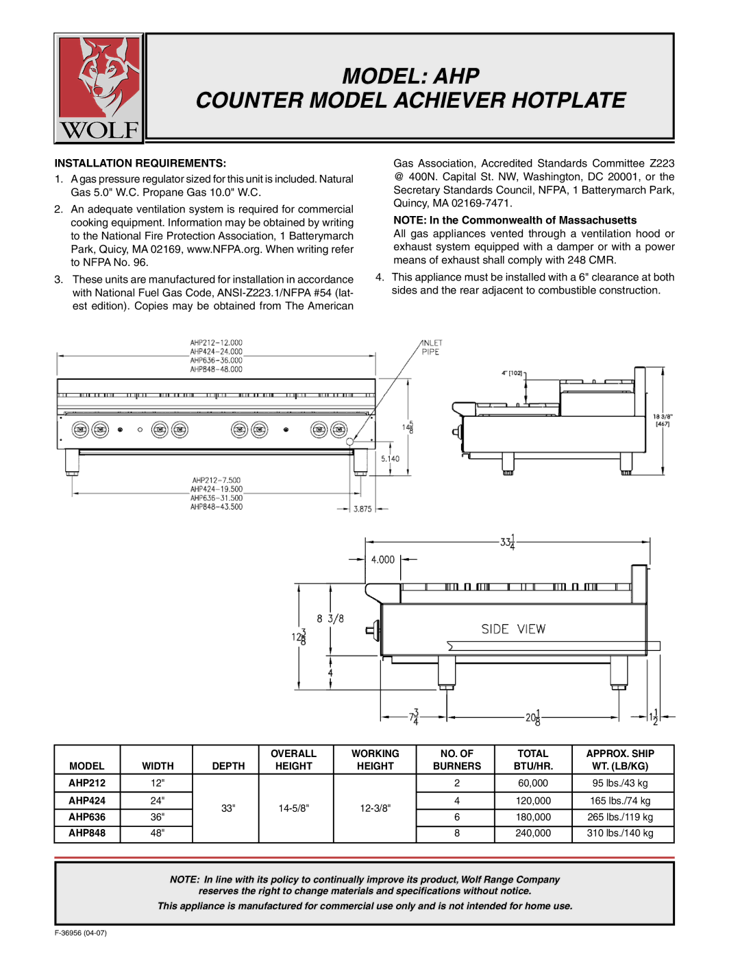 Wolf AHP212, AHP636 warranty Installation Requirements 