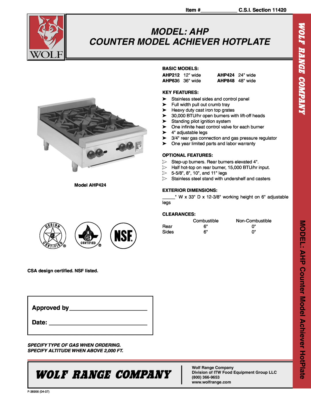 Wolf AHP636, AHP212 warranty Model Ahp Counter Model Achiever Hotplate, MODEL AHP Counter Model Achiever HotPlate 