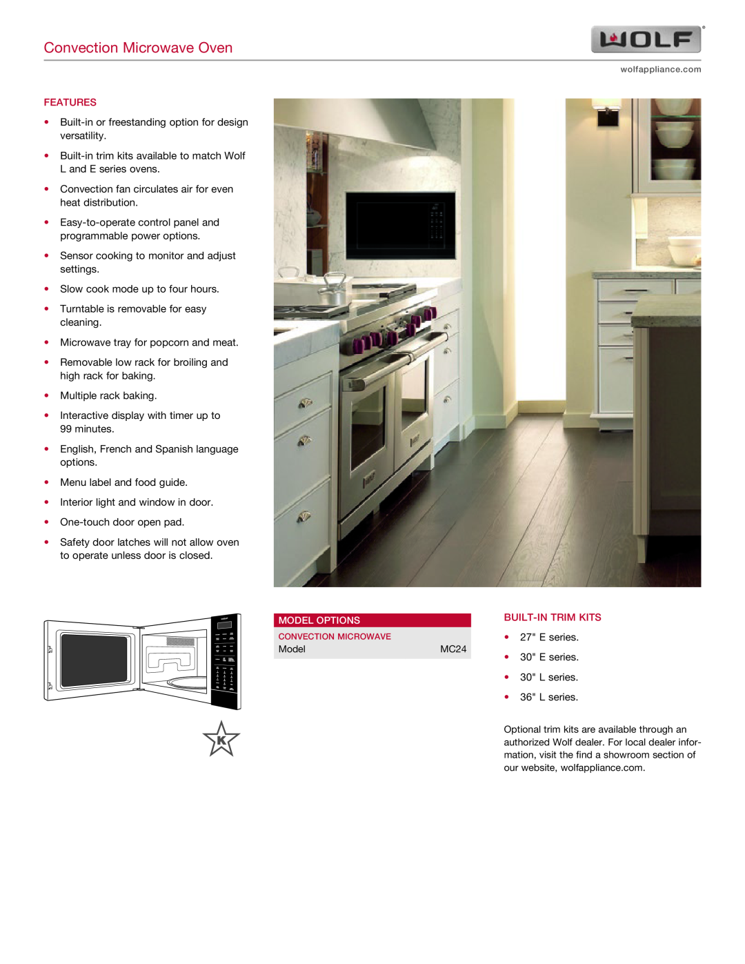 Wolf Appliance Company 30" E SERIES manual Convection Microwave Oven, Model Options, Features, Built-Intrim Kits, E series 