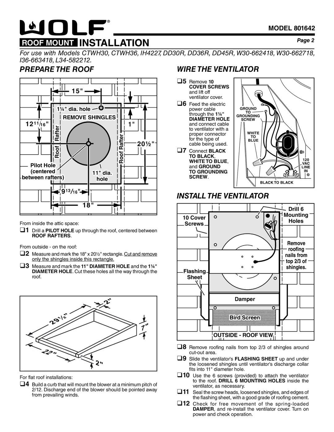 Wolf Appliance Company 801640 specifications Roof Mount Installation 