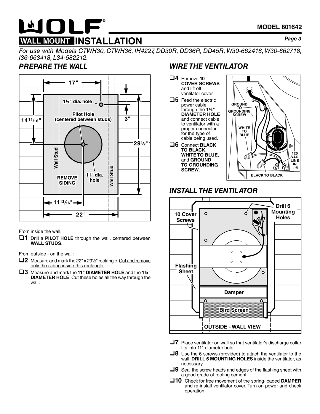 Wolf Appliance Company 801640 specifications Wall Mount Installation, Prepare the Wall Wire the Ventilator 