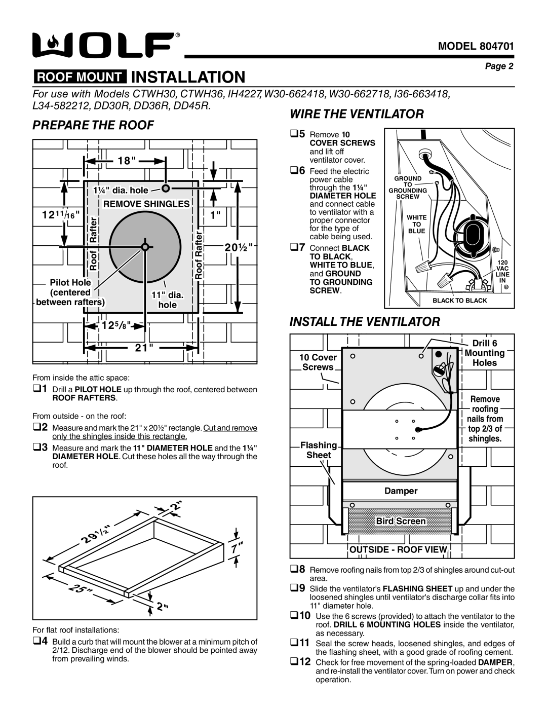 Wolf Appliance Company 801640 specifications Roof Mount Installation, Wire the Ventilator 