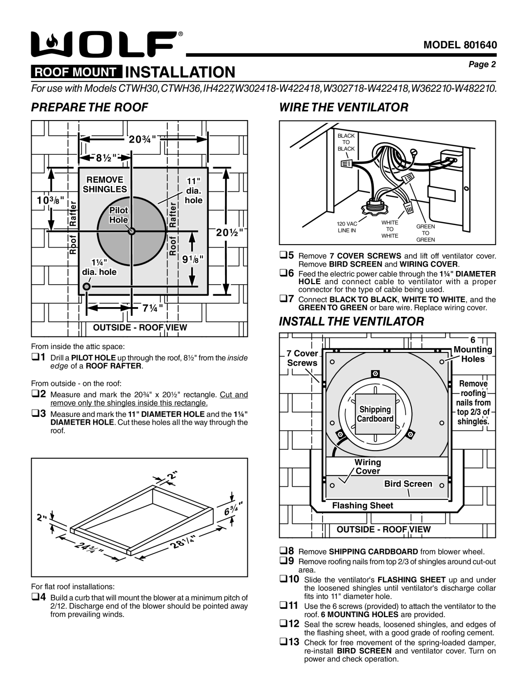 Wolf Appliance Company 801640 specifications Prepare the Roof, Install the Ventilator 