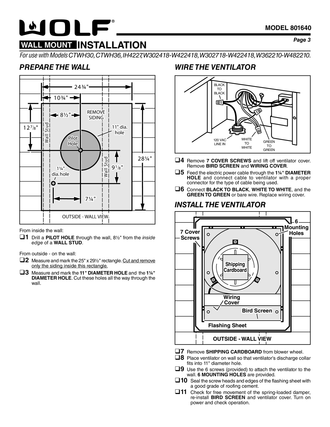 Wolf Appliance Company 801640 specifications Wall Mount 