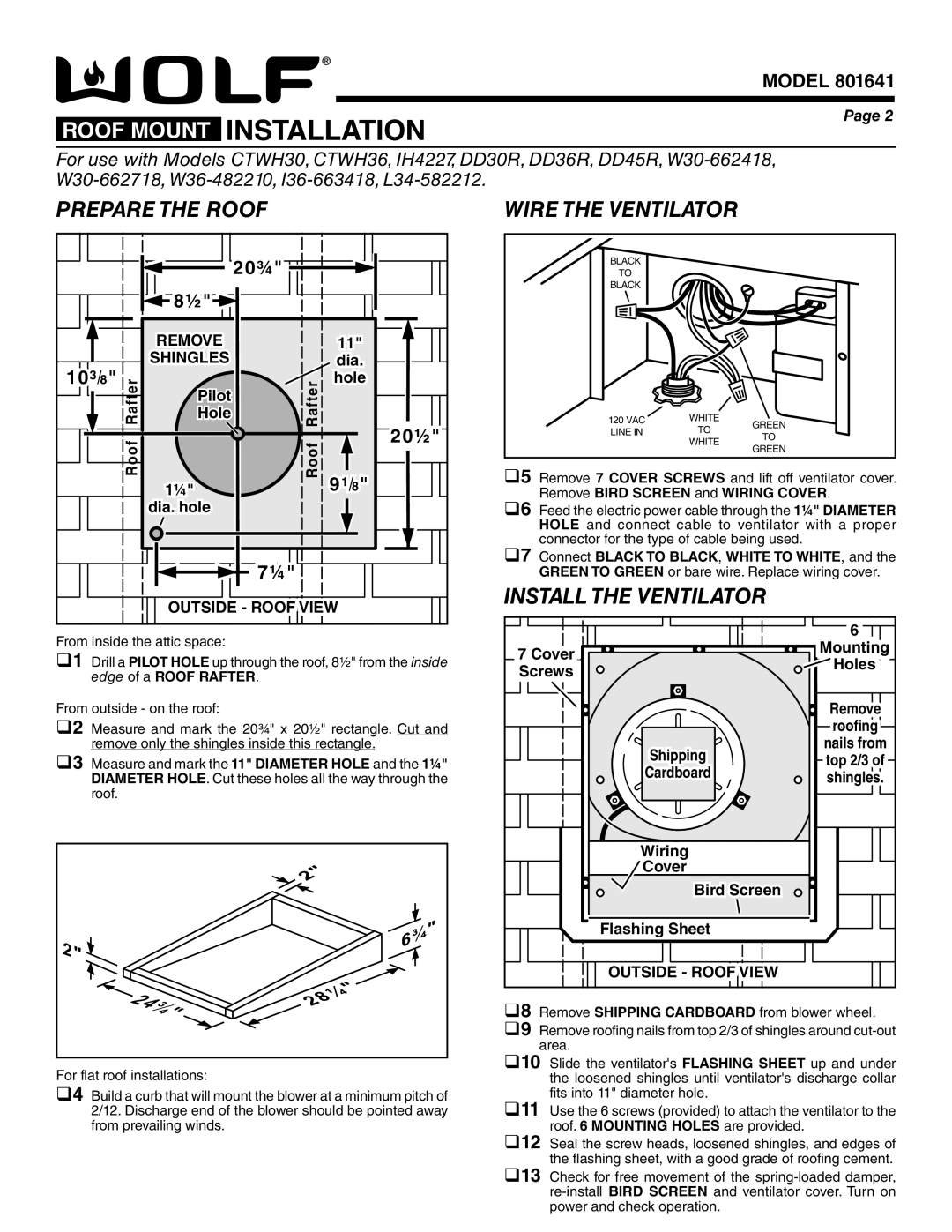 Wolf Appliance Company 801640 specifications Prepare the Roof Wire the Ventilator, Install the Ventilator 