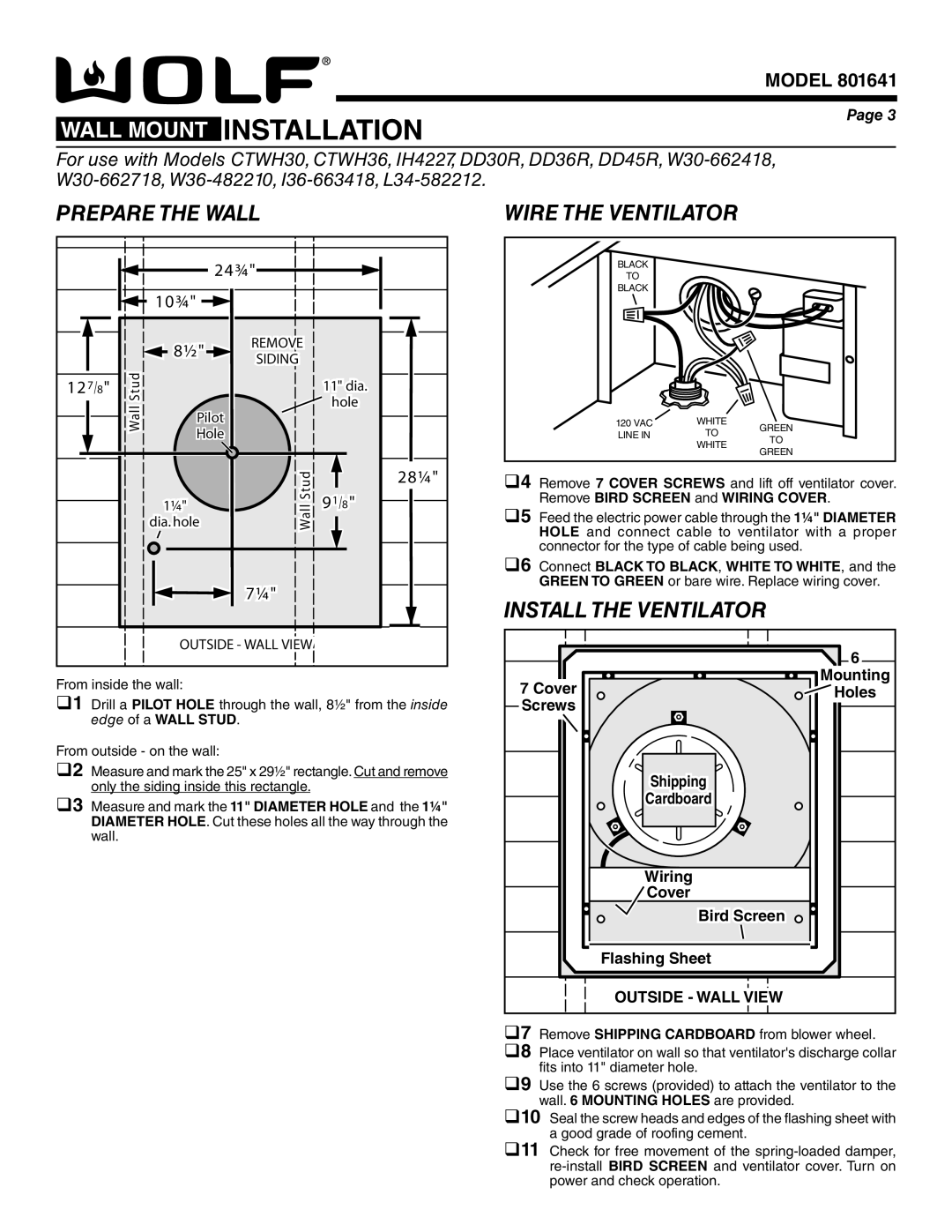 Wolf Appliance Company 801640 specifications Wall Mount Installation, Prepare the Wall 