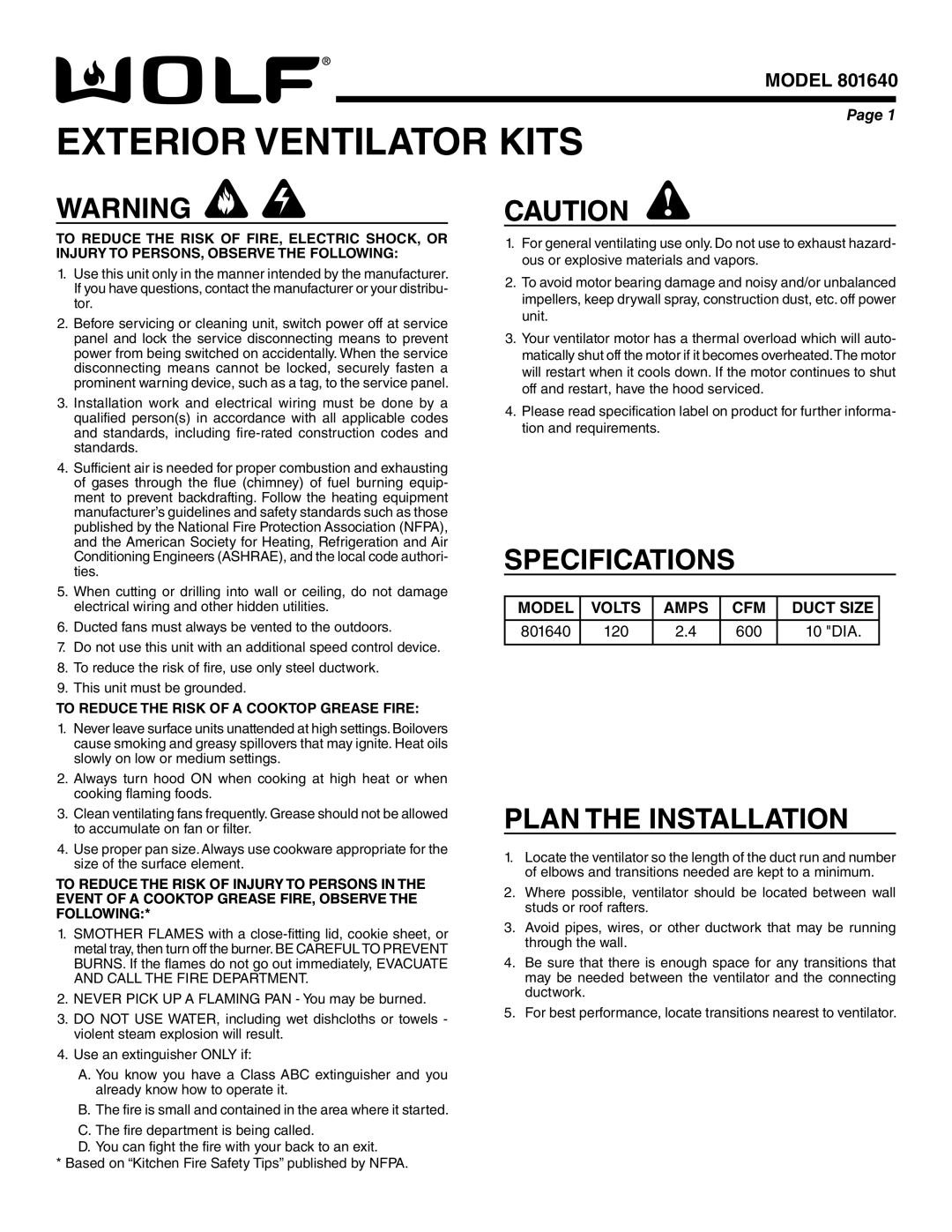 Wolf Appliance Company 801640 specifications Exterior Ventilator Kits, Specifications, Plan The Installation, Model, Page 