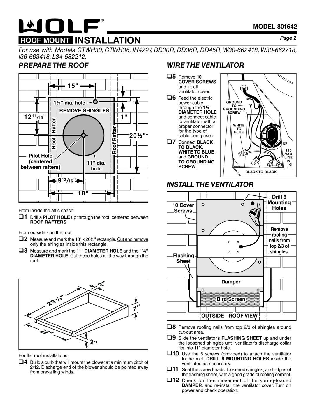 Wolf Appliance Company 801640 Roof Mount Installation, 1211/16, Prepare The Roof, Wire The Ventilator, Model, Page 