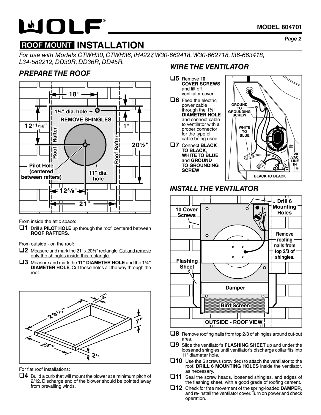 Wolf Appliance Company 801640 Roof Mount Installation, For use with Models CTWH30, CTWH36, IH4227, W30-662418, W30-662718 