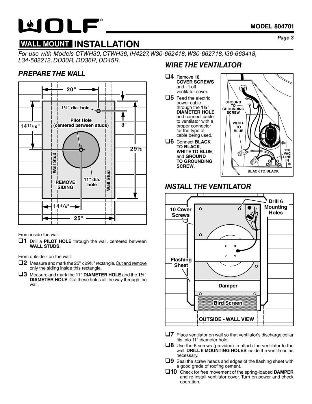 Wolf Appliance Company 801640 14 11, 14 5, Wall Mount Installation, Wire The Ventilator, Prepare The Wall, Model, Page 