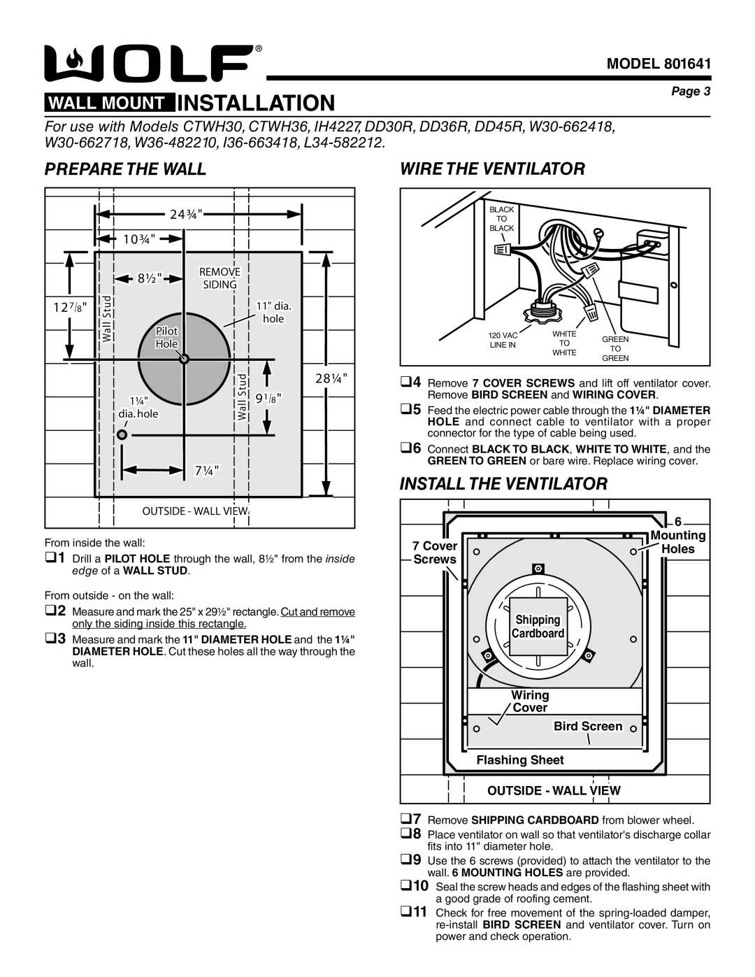 Wolf Appliance Company 801640 Wall Mount Installation, Prepare The Wall, 127/8, Wire The Ventilator, Model, Page, Pilot 
