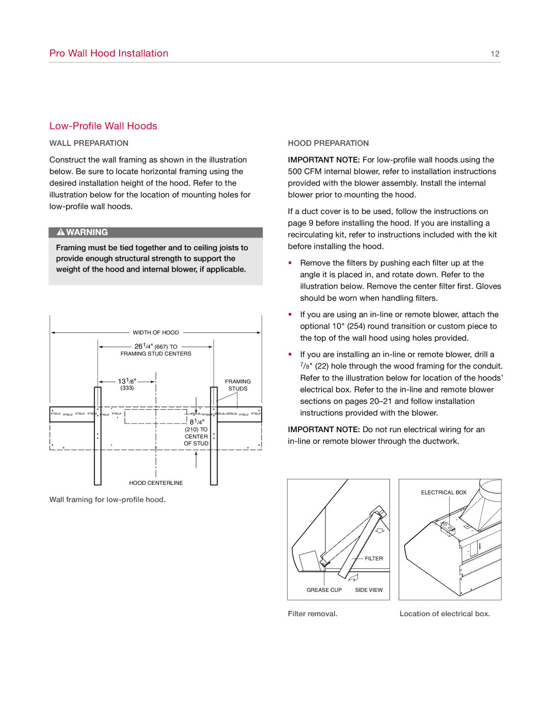 Wolf Appliance Company 811504 manual Pro Wall Hood Installation Low-Profile Wall Hoods, Wall Preparation, Hood Preparation 