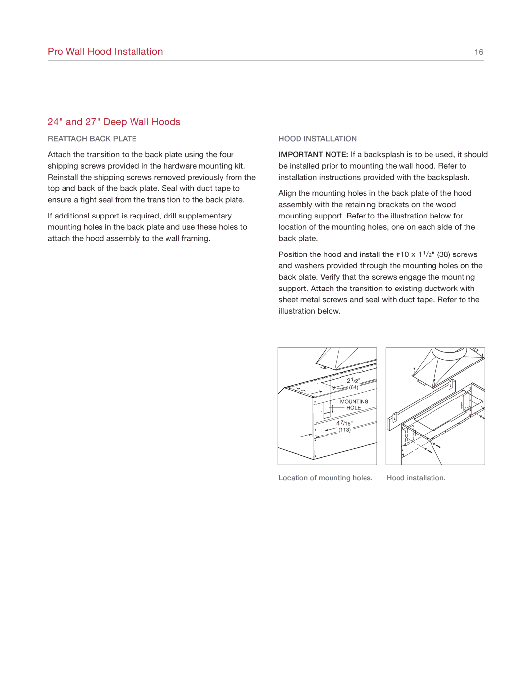 Wolf Appliance Company 811504, Pro Wall manual Reattach Back Plate, Hood Installation 