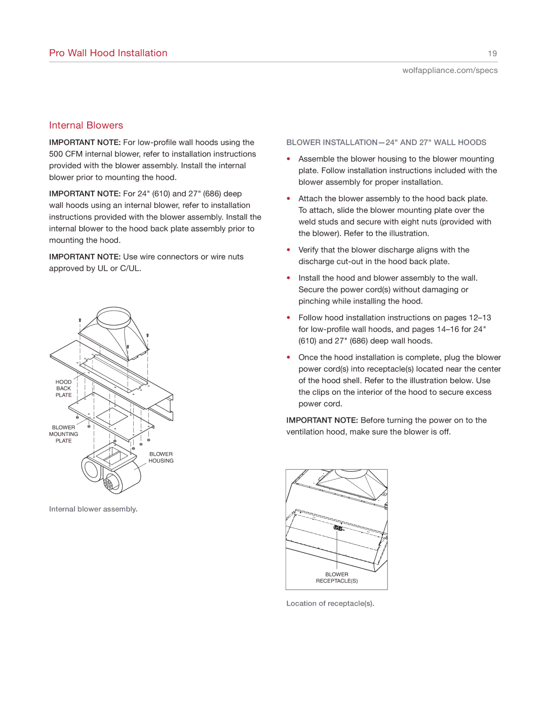 Wolf Appliance Company 811504 Pro Wall Hood Installation Internal Blowers, Blower INSTALLATION-24 and 27 Wall Hoods 