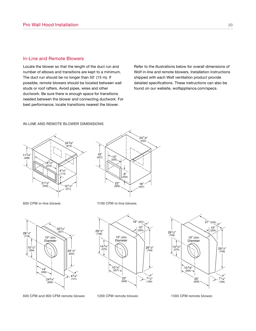 Wolf Appliance Company 811504 Pro Wall Hood Installation In-Line and Remote Blowers, IN-LINE and Remote Blower Dimensions 