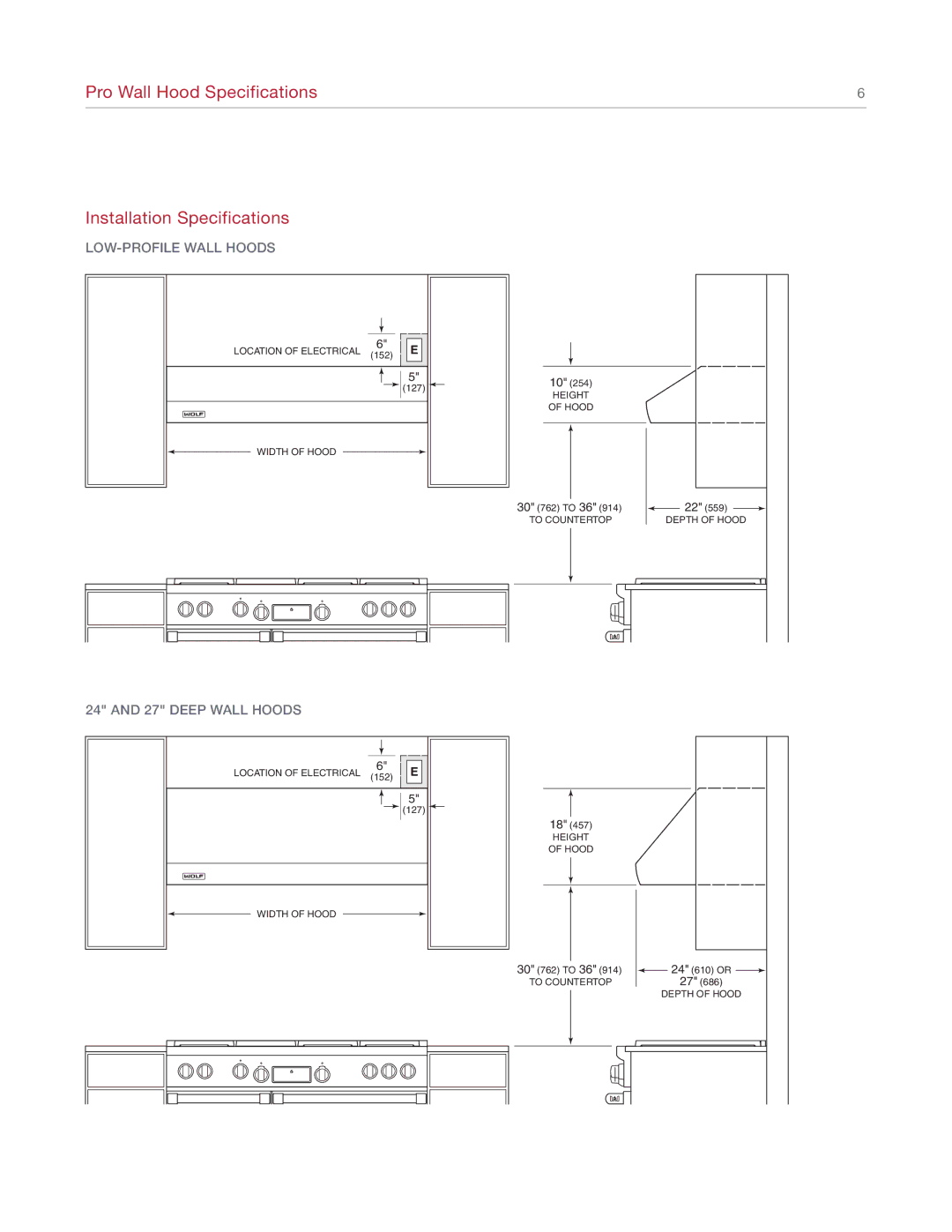 Wolf Appliance Company 811504 manual Pro Wall Hood Specifications Installation Specifications, Deep Wall Hoods 