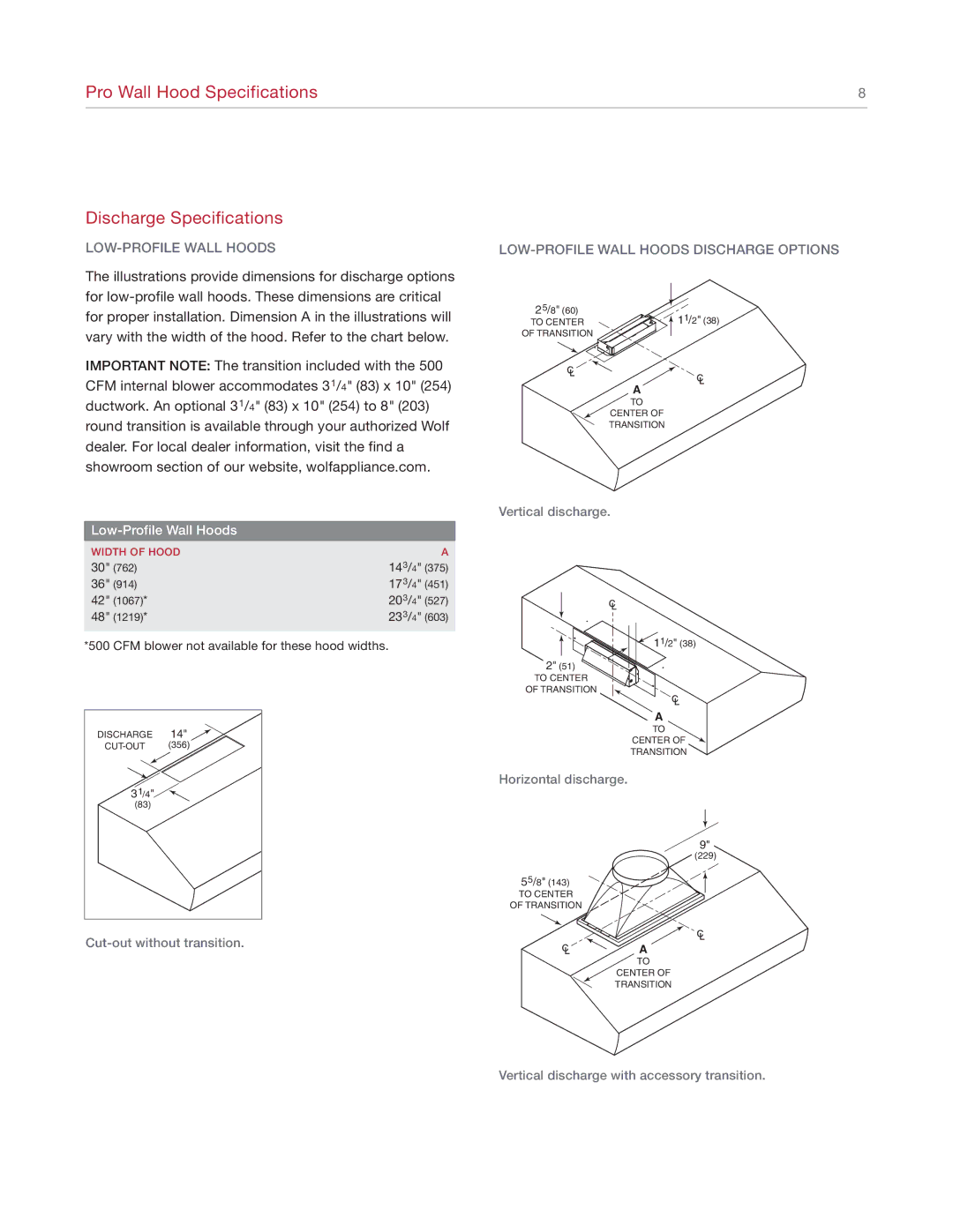 Wolf Appliance Company 811504 manual Pro Wall Hood Specifications Discharge Specifications 