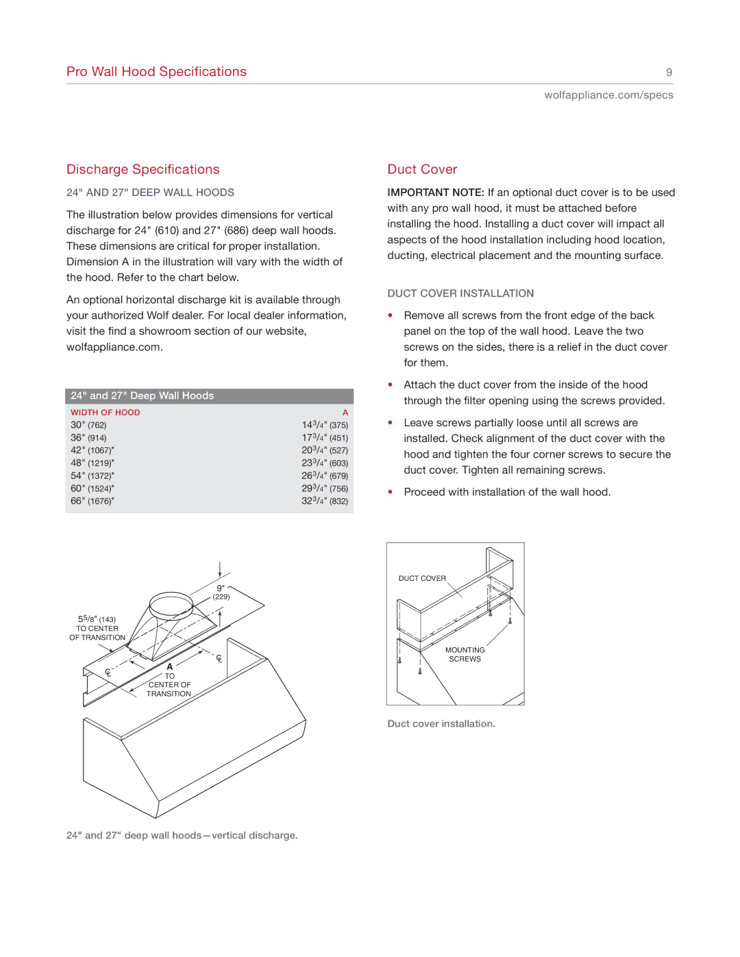 Wolf Appliance Company Pro Wall, 811504 manual Duct Cover Installation 