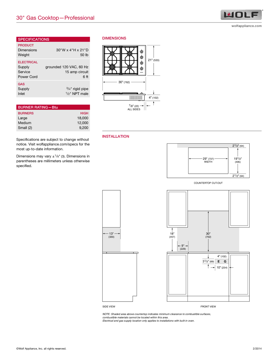 Wolf Appliance Company CG304P/S/LP manual Specifications, Burner RATING-Btu, Dimensions, Installation, 21/2 191/2 