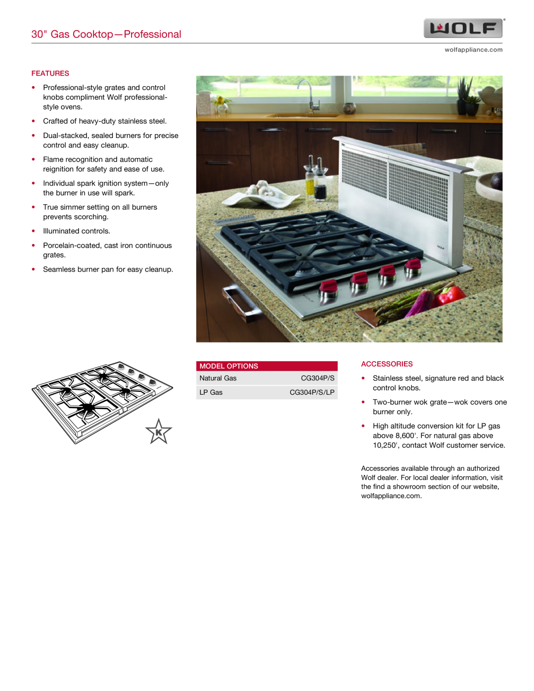 Wolf Appliance Company CG304P/S/LP manual Gas Cooktop-Professional, Features, Model Options, Accessories 