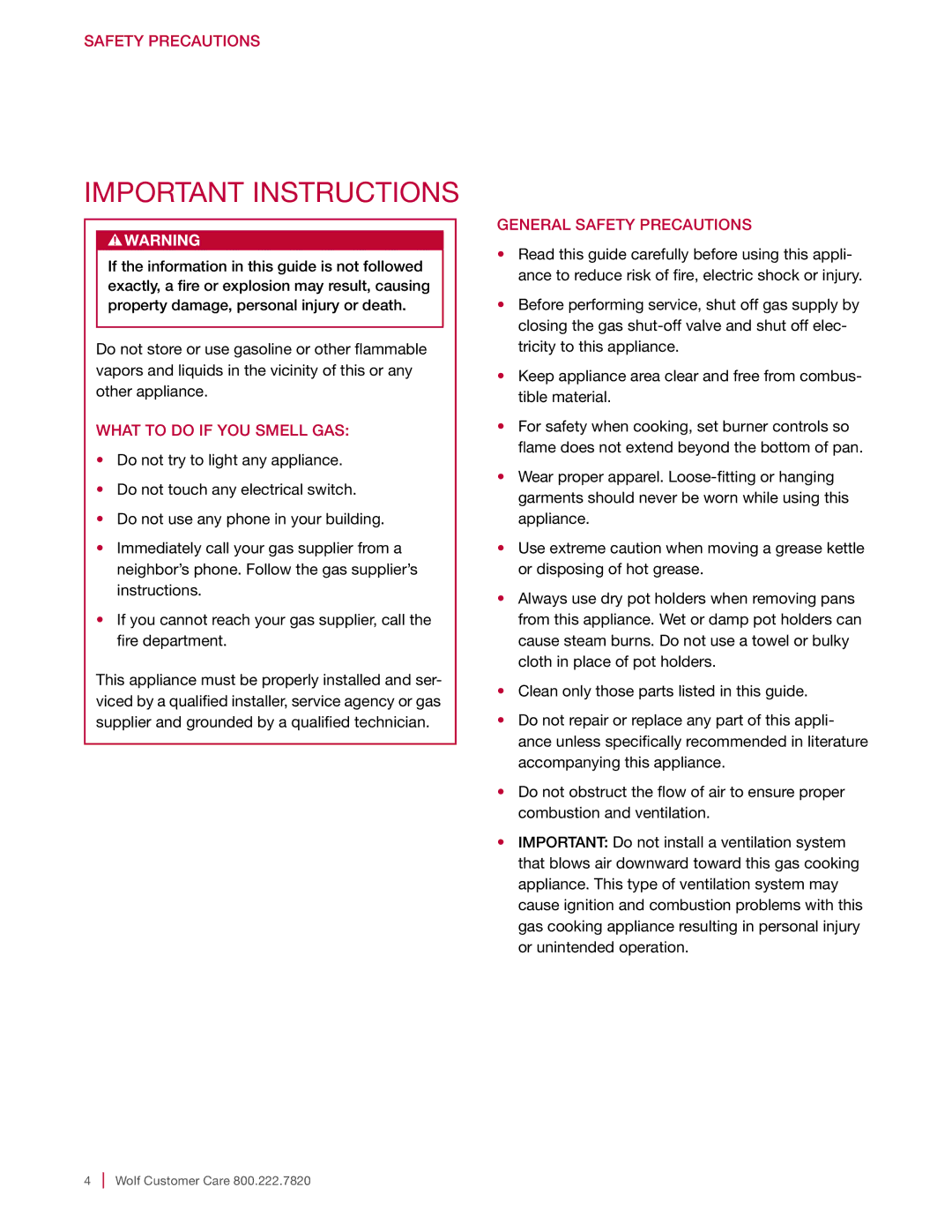 Wolf Appliance Company CG304T/S, CG365P/S manual What to do if YOU Smell GAS, General Safety Precautions 