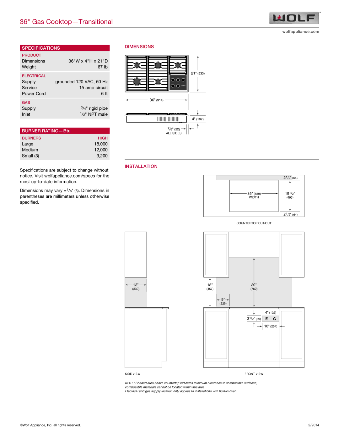 Wolf Appliance Company CG365LP, CG365T/S/LP manual Specifications, Burner RATING-Btu, Dimensions, Installation, 21/2 191/2 